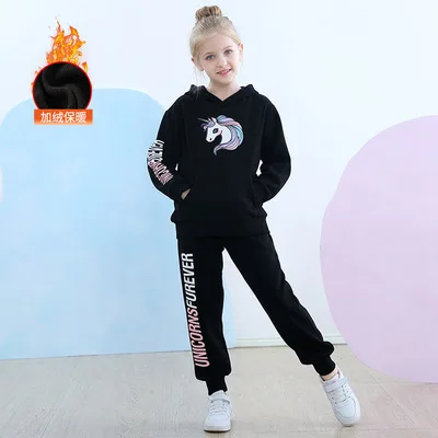 

New winter unicorn big children's hooded plus velvet thick two-piece sweater girl sports suit, Black/gray