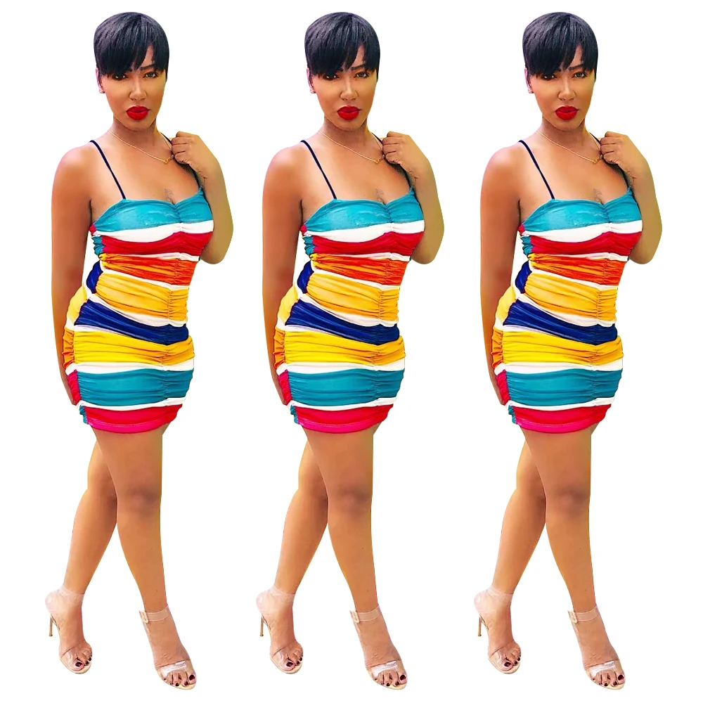 

Wholesale Rainbow Striped Print One Piece Sexy Ruched Mini Bodycon Stretchy Dresses Wrap Women Bandage Dress, Picture