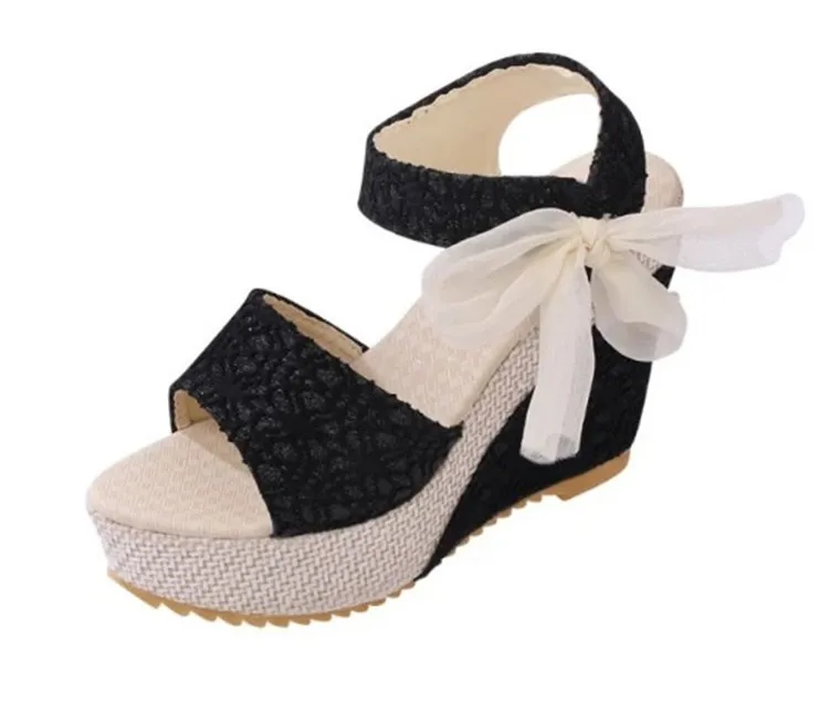

Summer platform sandal female Korean version of Bohemian fashion wedge heel lace fish mouth high heels, Black, silver, beige