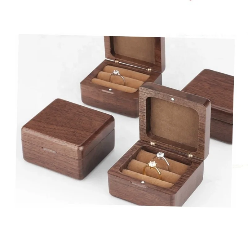 

New walnut wedding wood ring box magnet wooden double ring Box luxury jewelry gift ring box
