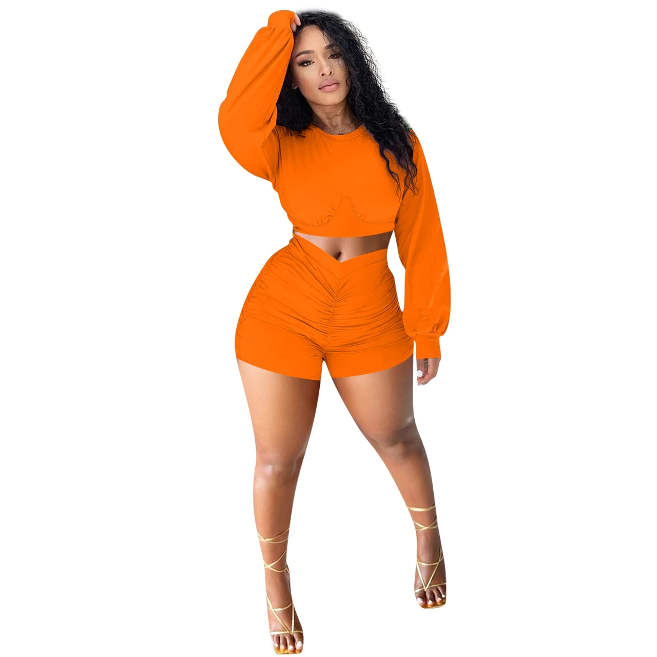 

2021 Ladies Autumn 2 Piece Sporty Clothing Crop Top Pants Tracksuits Long Sleeve Shorts Sets For Women