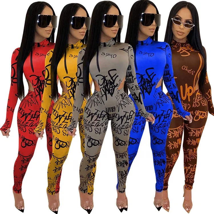 

Fashion Letter Print Sexy Long Sleeve And Pants Women Clothing Bodysuits Two Piece Set, Brown,dark blue,gray,red,yellow