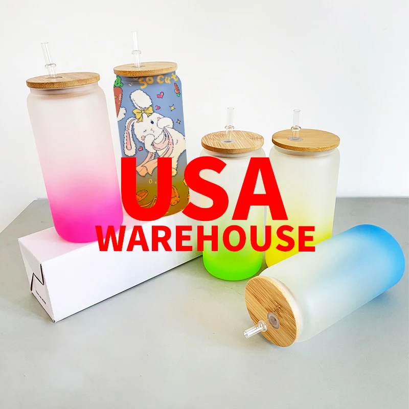

USA warehouse RTS 16oz clear frosted DIY blank sublimation beer glass can with bamboo lid and straw For Heat Press Printing