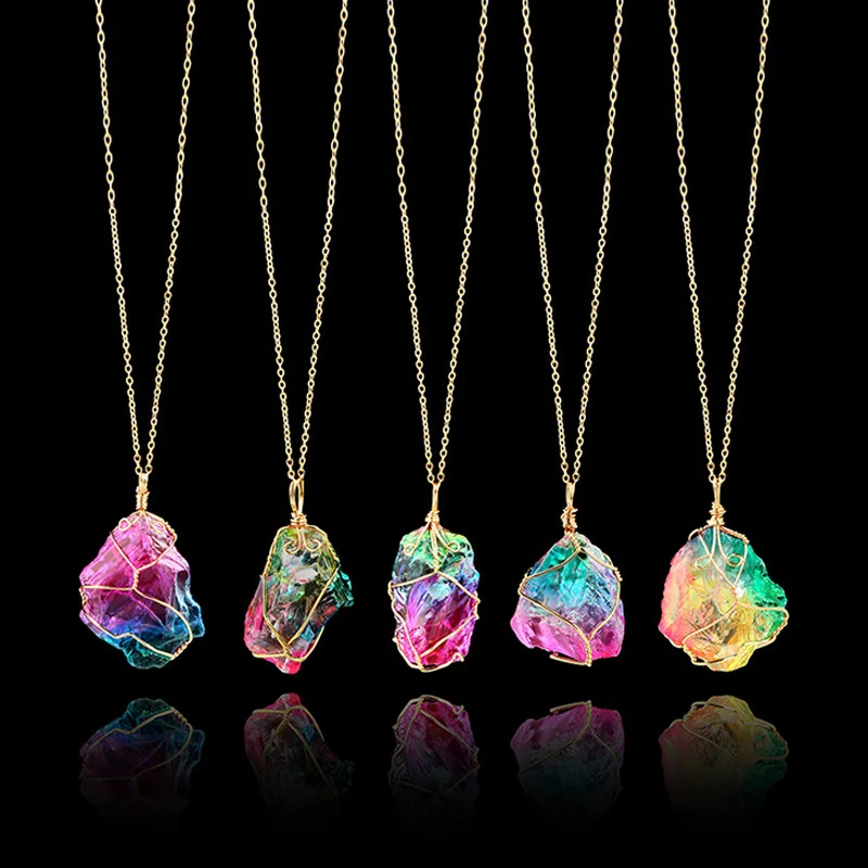 

Rainbow Natural Stone Pendant Necklace Fashion Crystal Rock Necklace Gold Color Chain Long Necklace For Women Jewelry Gift, Colorful