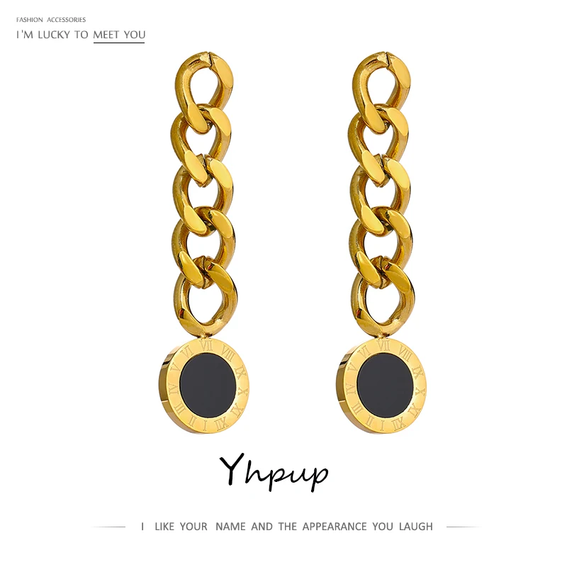 

JINYOU 599 Statement Roman Numeral 18k Gold Chain Stainless Steel Round Pendant Long Drop Earrings Trendy Classic Jewelry Women