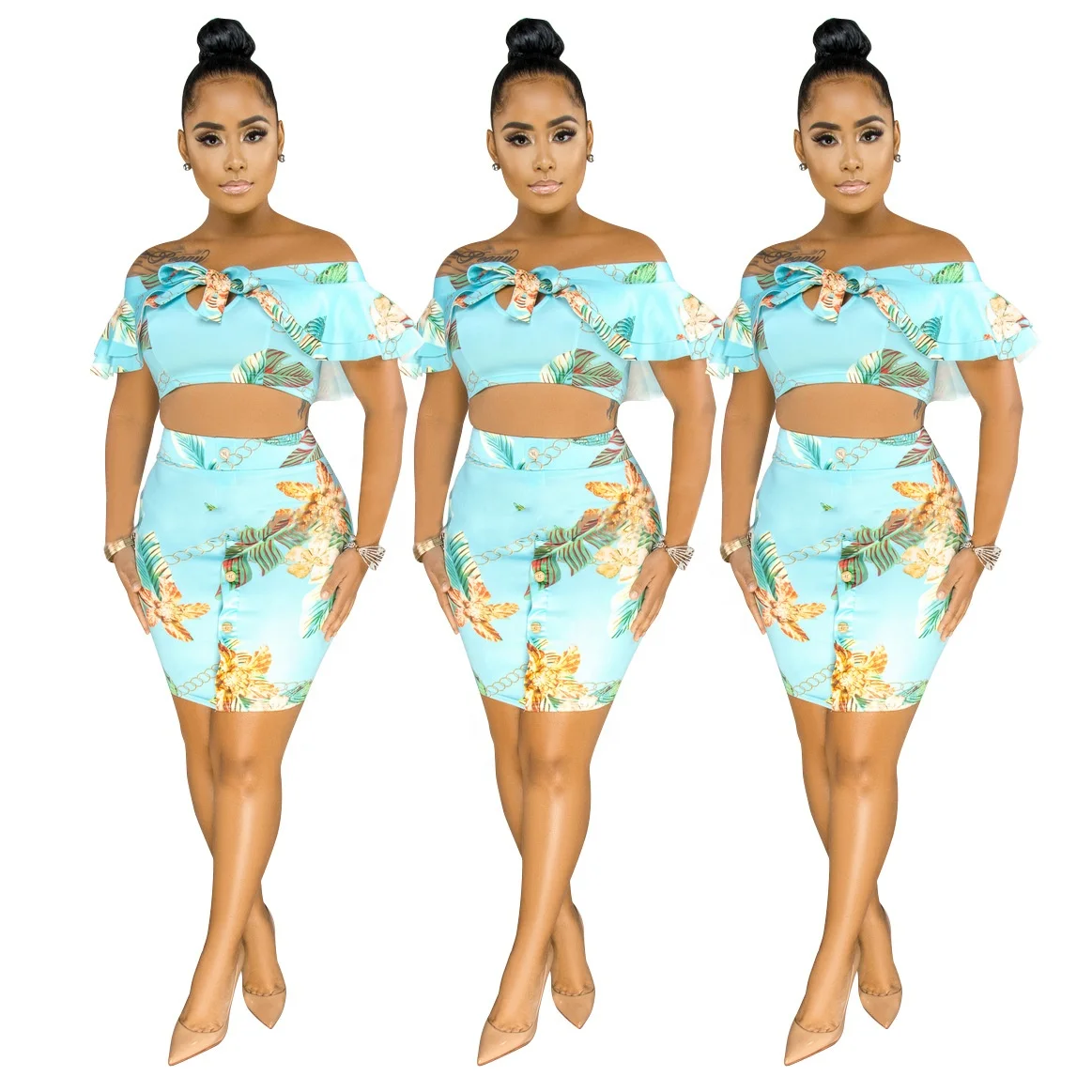 

AI03-1182 Off Shoulder Printed Clothing Women 2 Piece Skirt Set