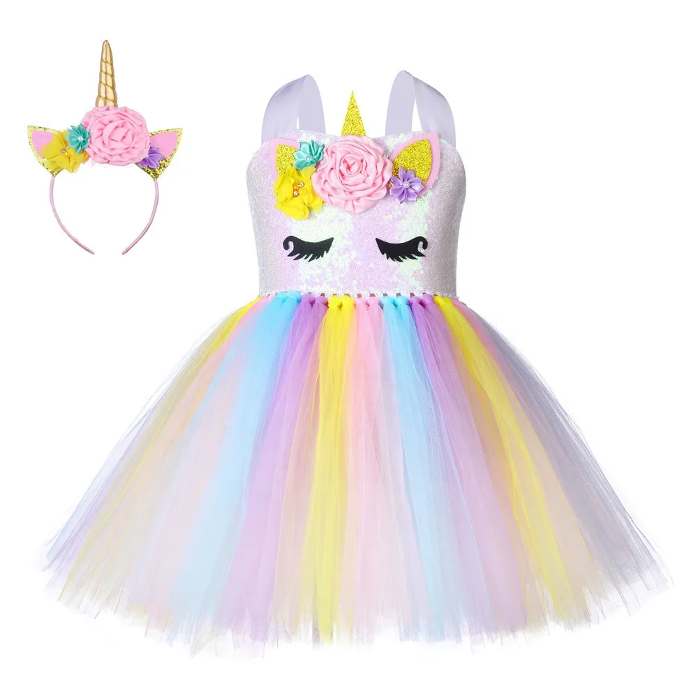 

Hot Sale summer kids princess dress 1T-8Years Tutu Ballet Unicorn Baby girls' dresses, Rainbow color