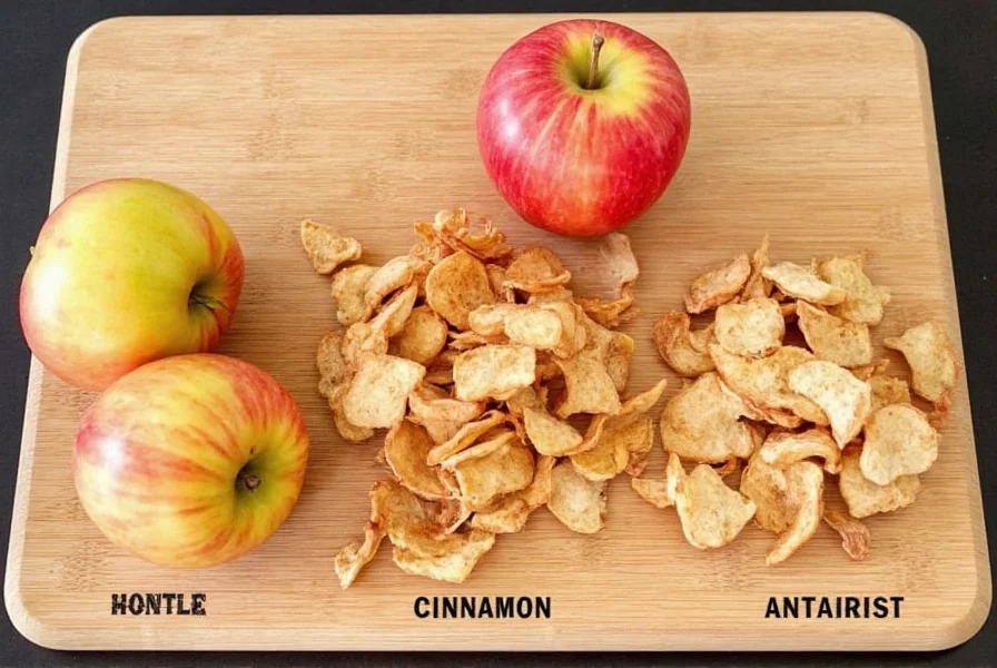 Comparison of different apple varieties used for making cinnamon apple chips on wooden cutting board