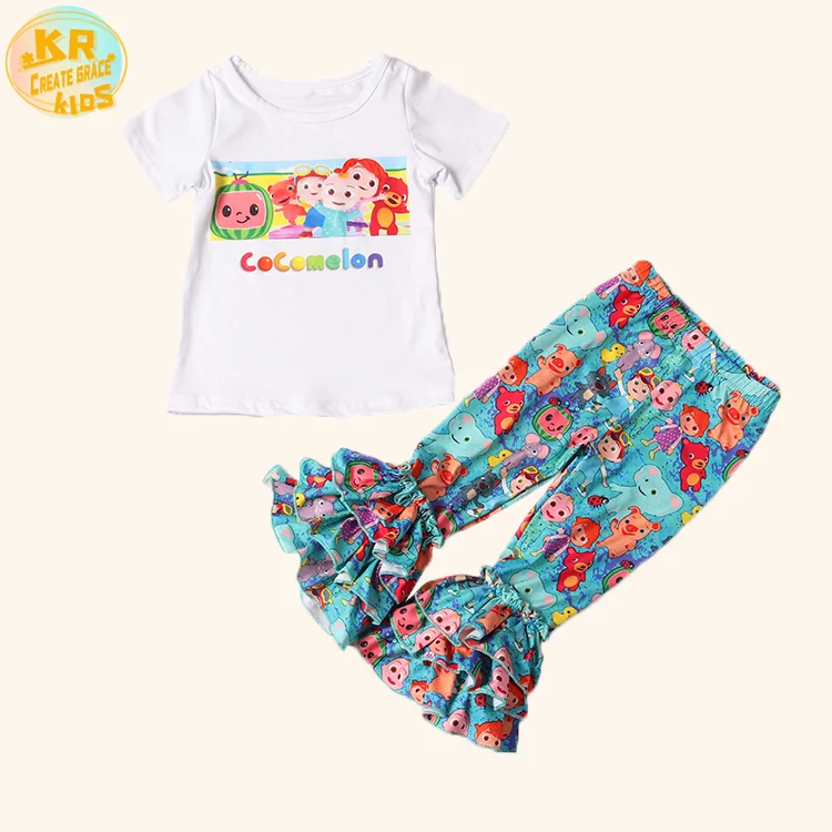 

Fashionable Soft Fabric Ruffled Pants Cocomelon Outfit Two Piece Pants Set Children's Apparel Girls, Customized color