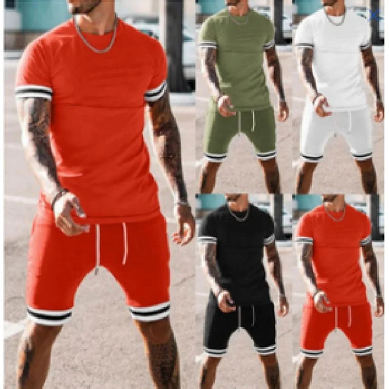 

YD - Y9034 hot selling short sleeve shirt and shorts set men o - neck patchwork summer men shorts set 2021