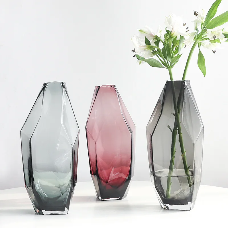 

European Simple Light Luxury Geometric Multi-faceted Color Transparent Flower Glass Vase Home Decoration, As photo