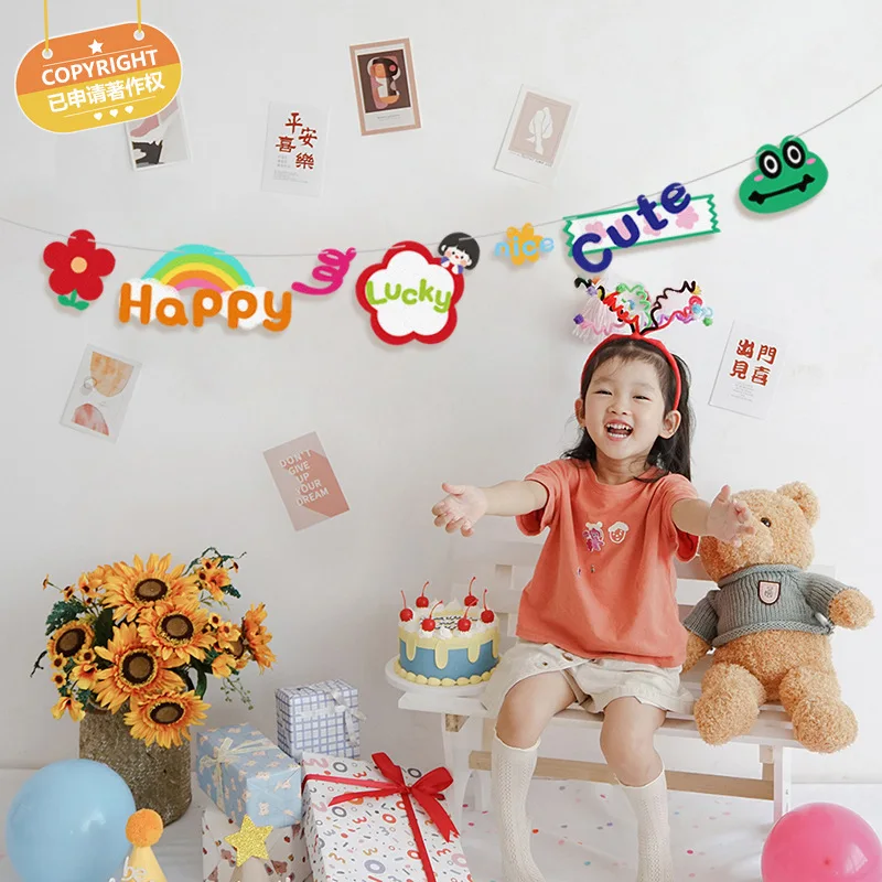 

Creative lucky girls dress up flower Kid's birthday party decoration flag pulling kindergarten background wall flower pulling