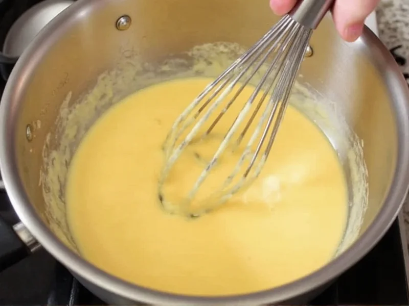 Whisking cheese sauce in stainless steel pan