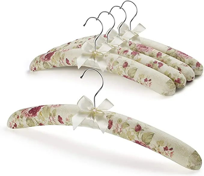 

DS950 Fabric Floral Cotton Padded Hangers Soft Anti-slip Clothing Coat Foam Hanger Sponge Satin Padded Hangers, Random