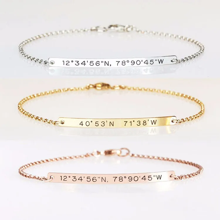 

Olivia Dainty Skinny Nameplate Initials Coordinate Bar Bracelet Customize Engraved Gold Horizontal Bar Bracelet For Women