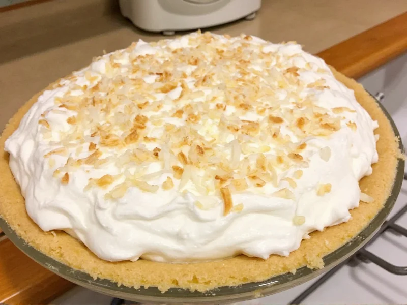 Finished homemade coconut cream pie with toasted coconut topping
