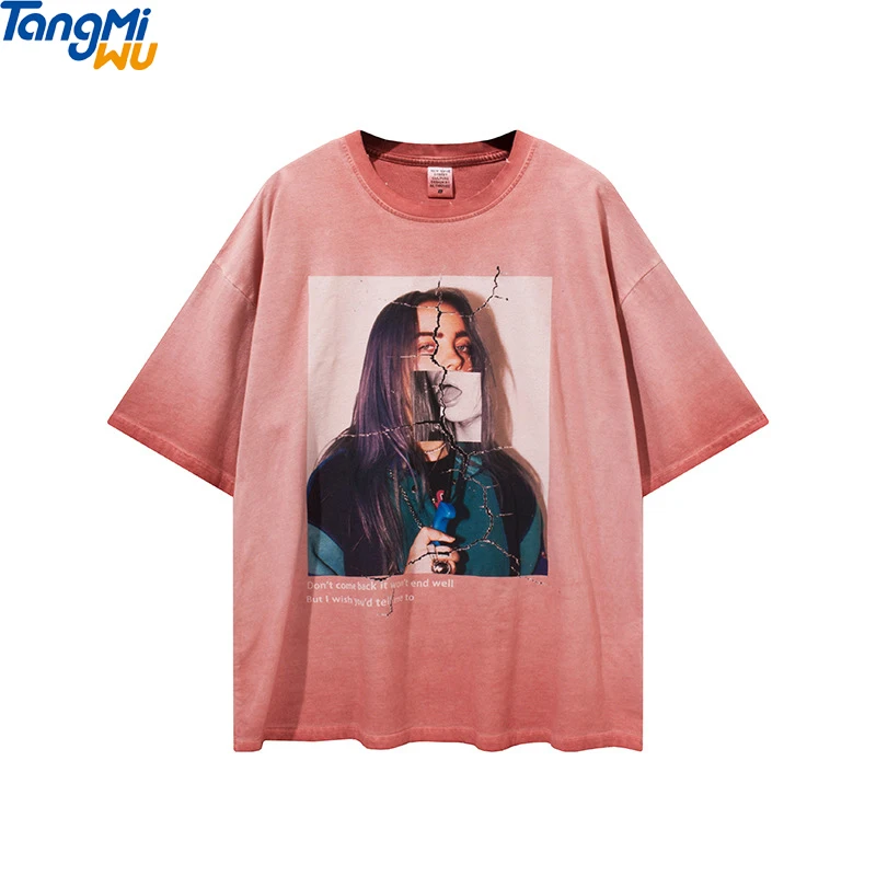 

2021 Custom Billie Eilish ripped milled printing fashion high street Washed oversized vintage T shirt unisex