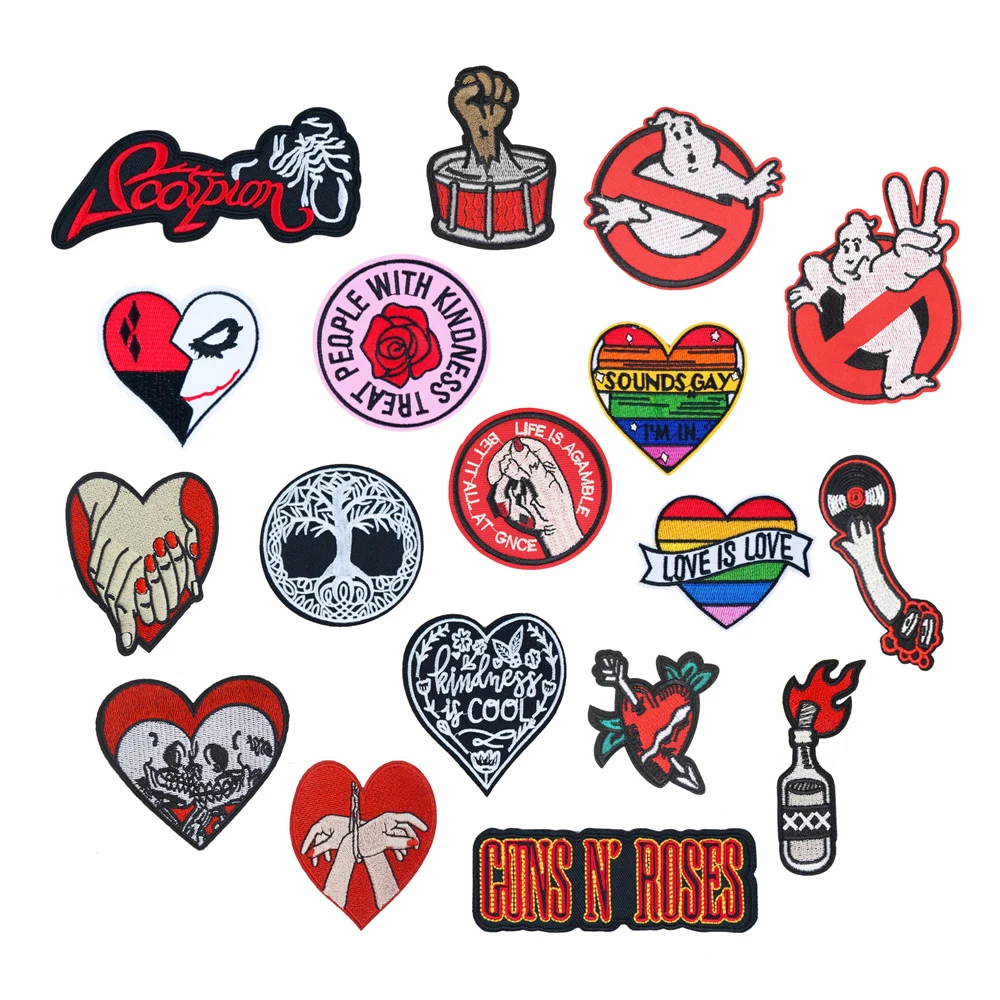 

new arrival punk style rock and roll series red heart band skull design iron on embroidery patches for hoodies