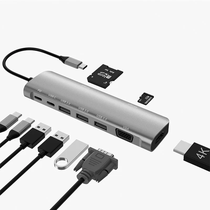 

Hot selling 9 in 1 usb hub, Type-C Hub HD 4K VGA SD TF card reader USB3.0 PD charging for Type-C Port Computers, Support oem