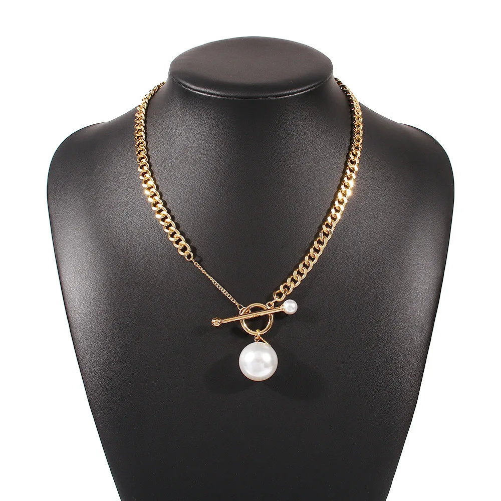 

Gold Plated OT Toggle Clasp White Simulated Pearl Link Chain Necklace
