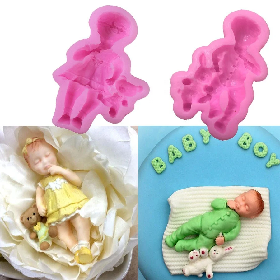 

3D Boy Girl baby Doll Bear Silicone Cake Mold Baby Party Fondant Cake Decorating Tools Cupcake Chocolatking Moulde Bas, White and pink