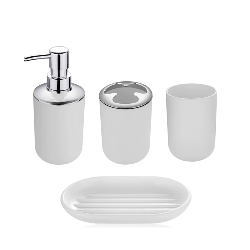 

4 Pcs Bathroom Set Trash Can Toothbrush Holder Soap Dispenser Soap and Lotion Plastic Bathroom Toilet Accessories Set