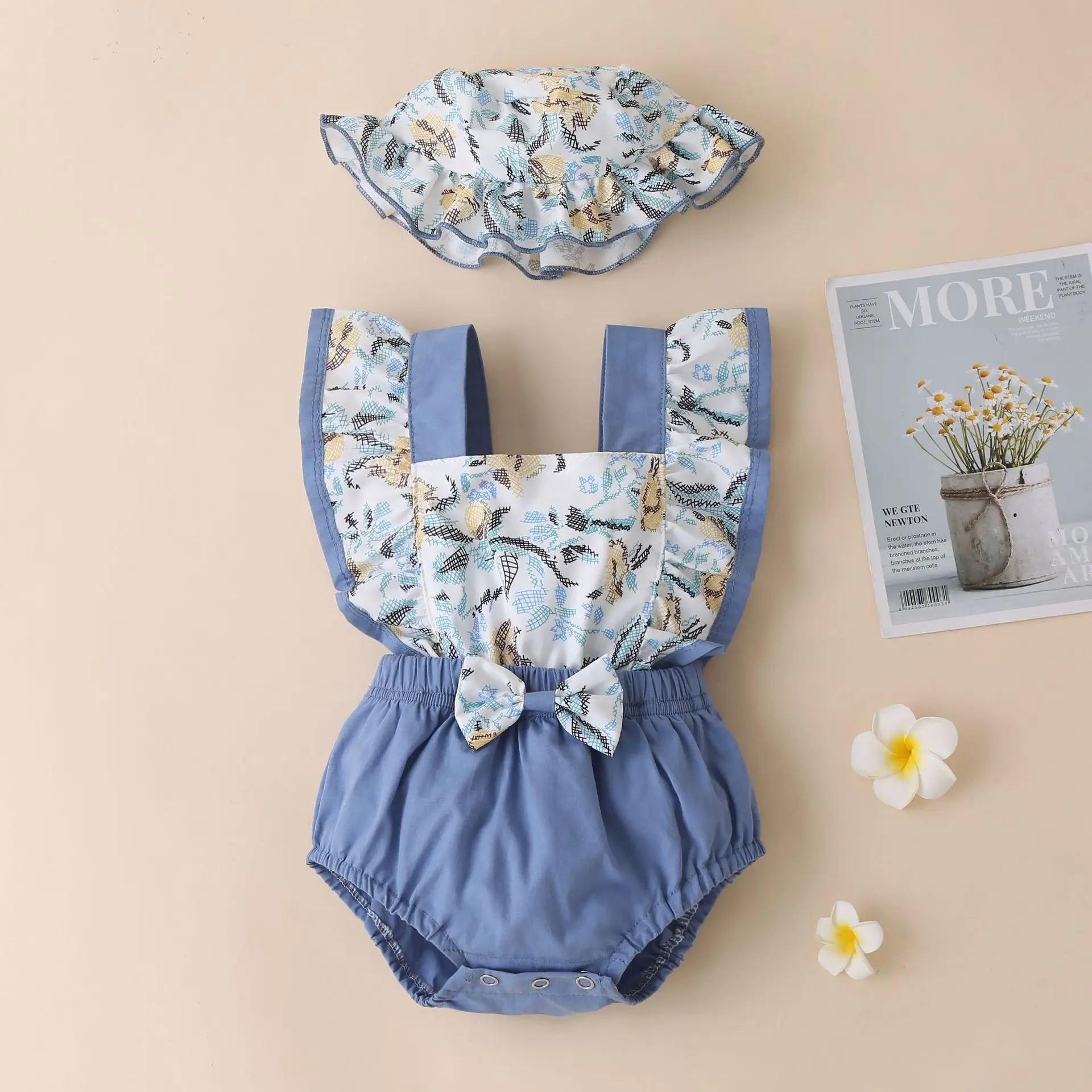 

Summer high quality girl clothes floral printed romper+hat outfits trendy girl clothing jumpsuit