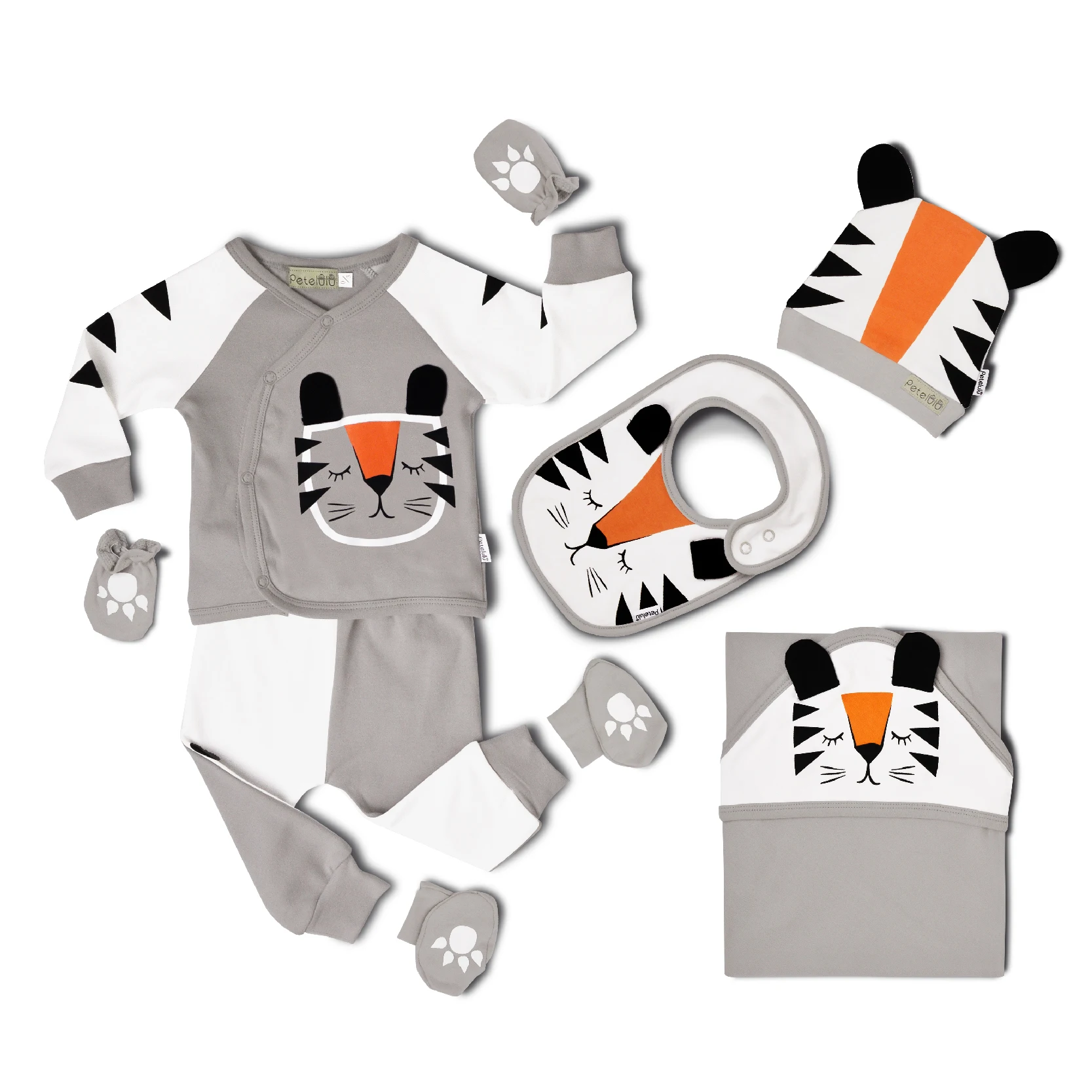 

Two Tone Color Animal Tiger 100% Cotton Newborn Baby Boy Clothes Set, Grey