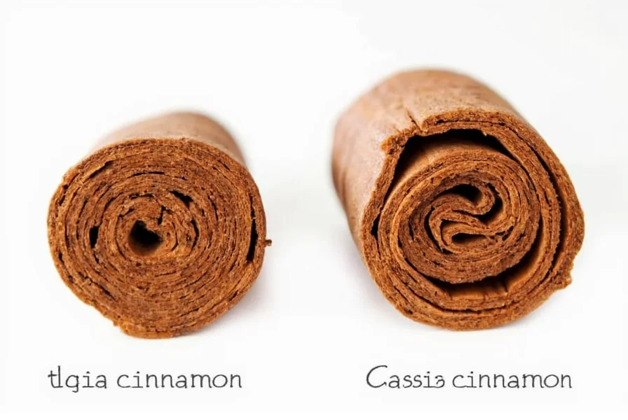 Side-by-side comparison of Ceylon cinnamon quills (thin, multiple layers) versus Cassia cinnamon (thick, single scroll)