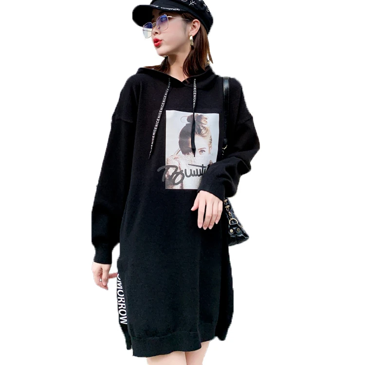 

Autumn Winter Pullover Print Hooded Plus Size Sweater Dress Fashion Long Knit Sweater Hoodie, Customizable