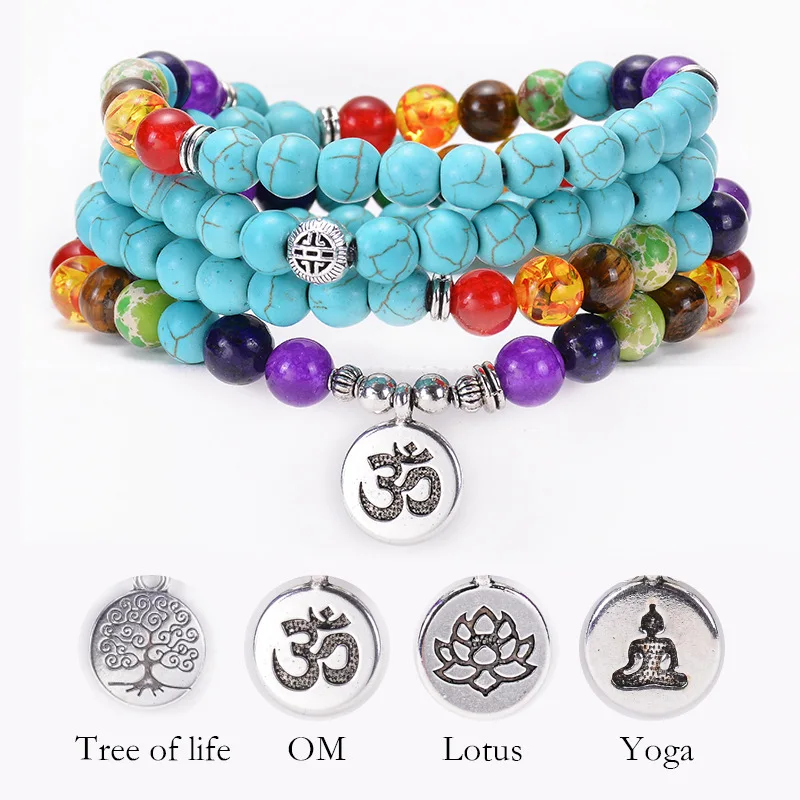 Nuevo Mujer Yoga Lotus Colgante 108PCS Blanco Natural Turquesa Collar Y Pulseras
