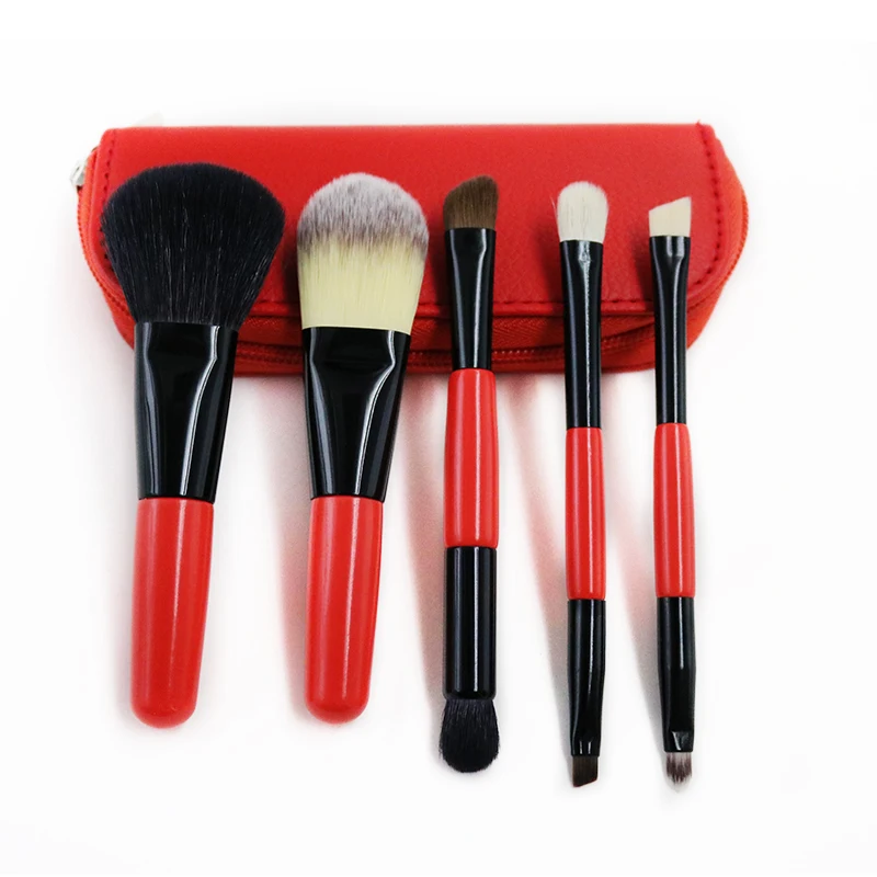 

HZM 5PCS Custom Red Best Kabuki Mini Essential Travel Goat Hair Makeup Brushes set customize Beauty Cosmetic Brush Double end, Coffee color