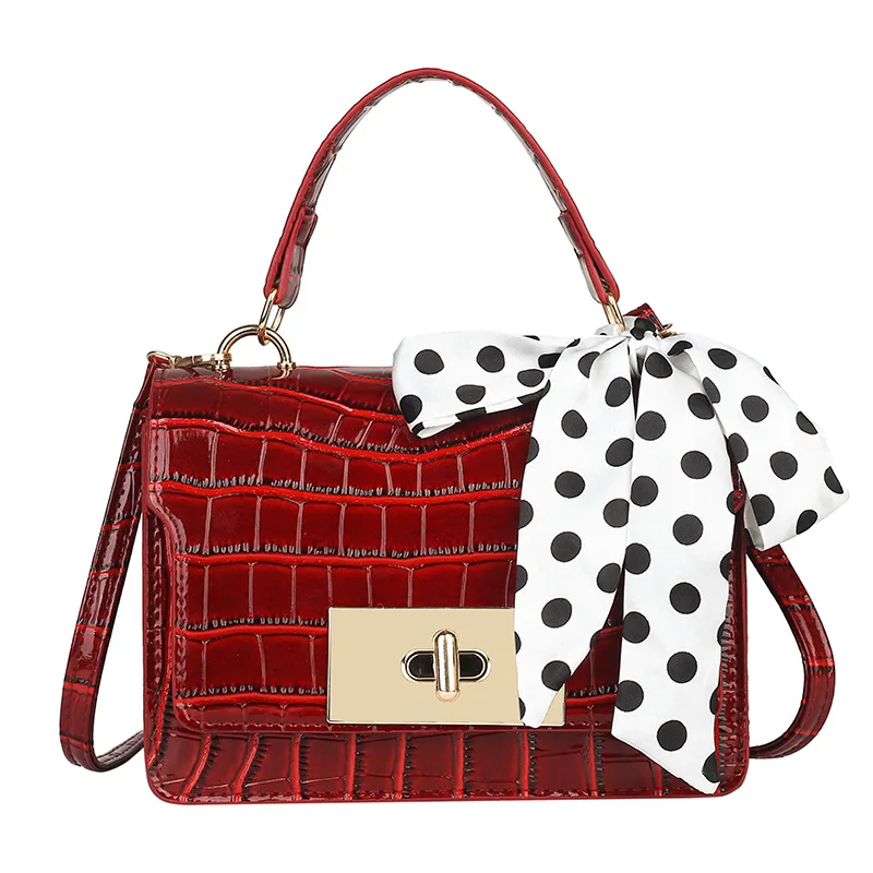 

Fashion Stone Pattern Lock Handbag PU Leather Silk Scarf Bow Purses Ladies Shoulder Bag Crossbody Handbags for Women, Wine red,khaki,blue,black,silver