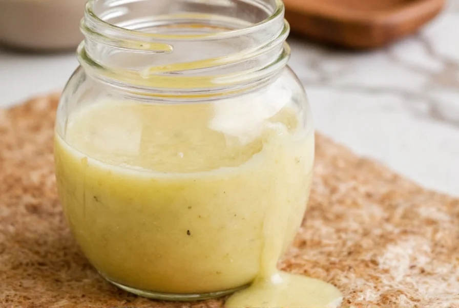 Step-by-step preparation of homemade ginger miso dressing showing miso paste being whisked with rice vinegar in glass bowl