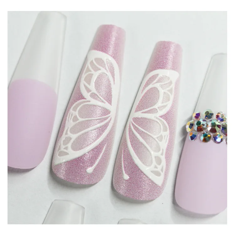 

Super Luxury press on nails 3d butterfly french rhinestone press on nails coffin press on nails luxury