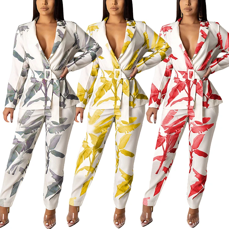 Autumn 2019 Multicolor Plant Printed Trendy Ladies Blazer Designs Two Piece Outfits