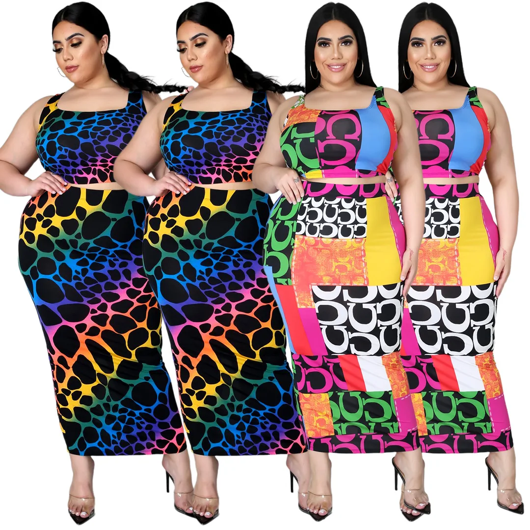 

E-AP7021 New Arrive Plus Size Women Clothing Spring Fall Plus Size Leopard Printed Maxi Two Piece Skirt Set