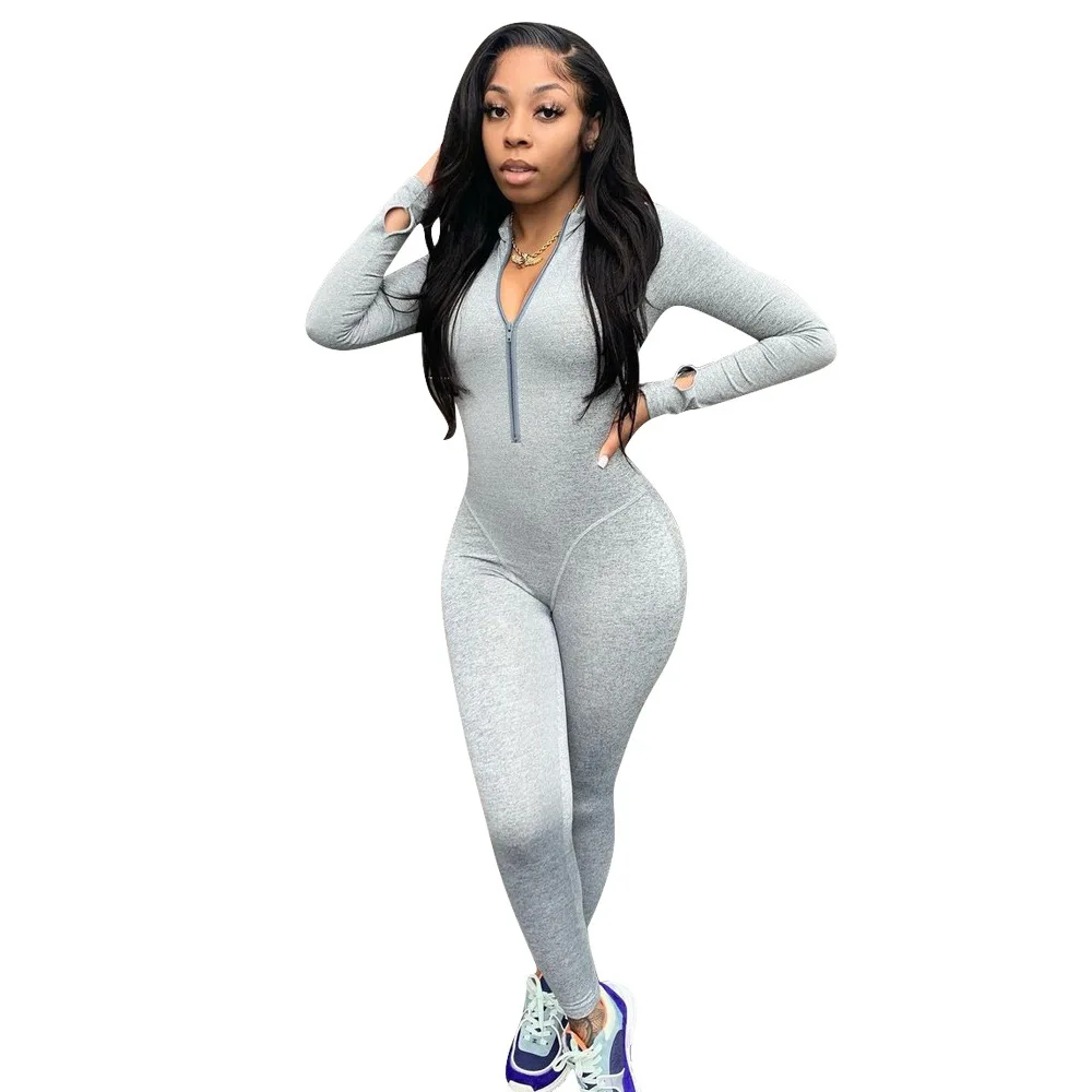 

LvCong autumn 2022 new style activewear pure color long sleeve zipper jumpsuit playsuits bodysuits jumpsuits