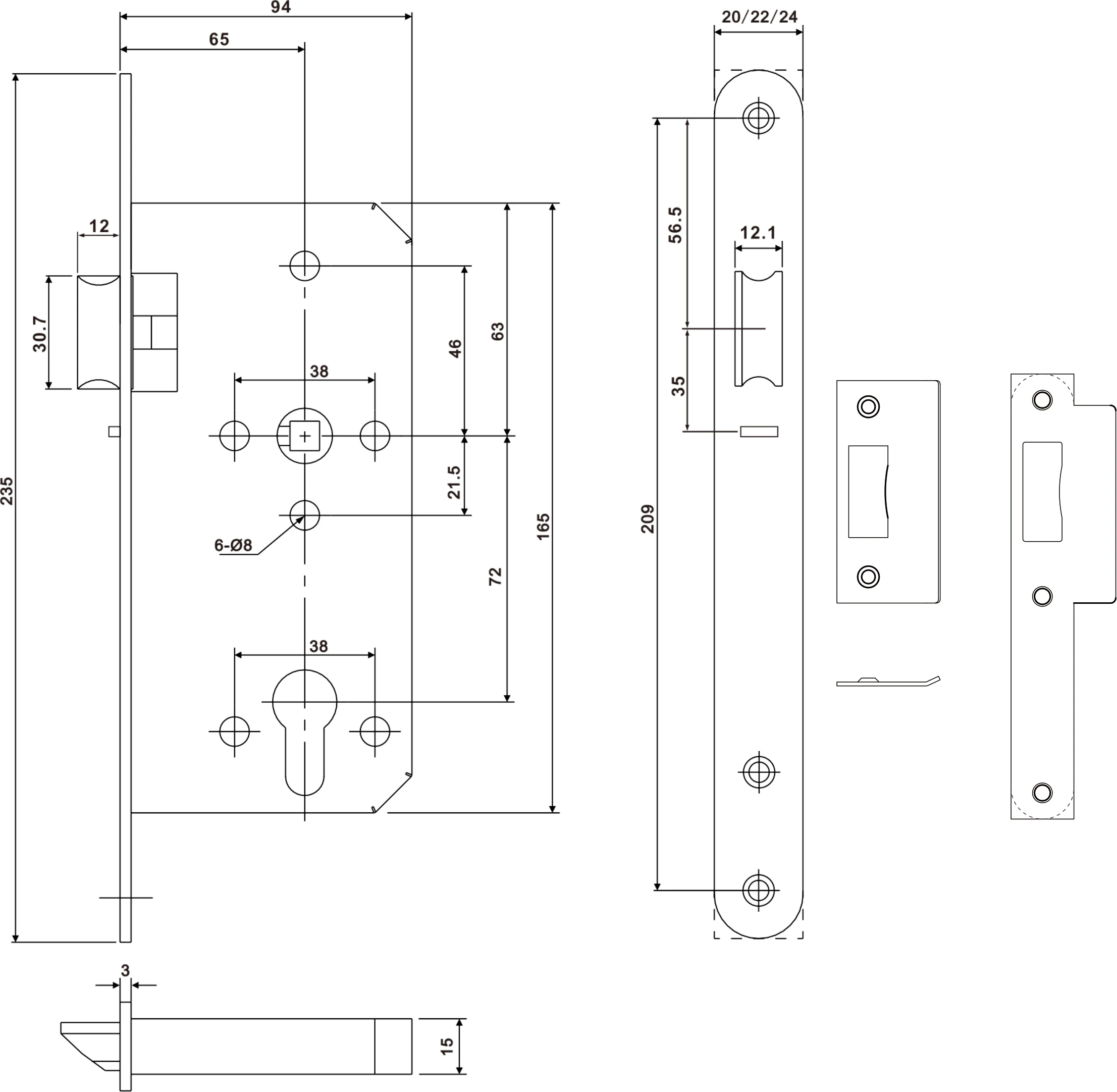 
65mm backset night latch lock 6572ZN for fire wooden doors with CE certification 