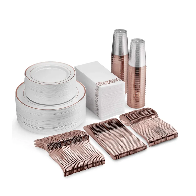 

VOBAGA custom 350 piece disposable rose gold plastic dinnerware set, White with silver/gold/rose gold rim