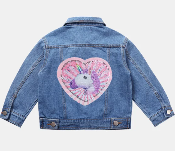 

Leisure Blue Denim Cotton Jacket Girl Heart-shaped Unicorn Kids Sequin Jacket