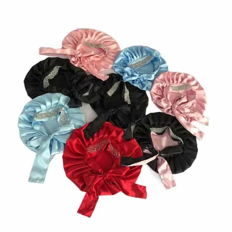 

Mix colors low MOQ Snapback Night Sleep Hat with Adjustable Long Bands Satin Bonnets Silk Hat with Bling Applique