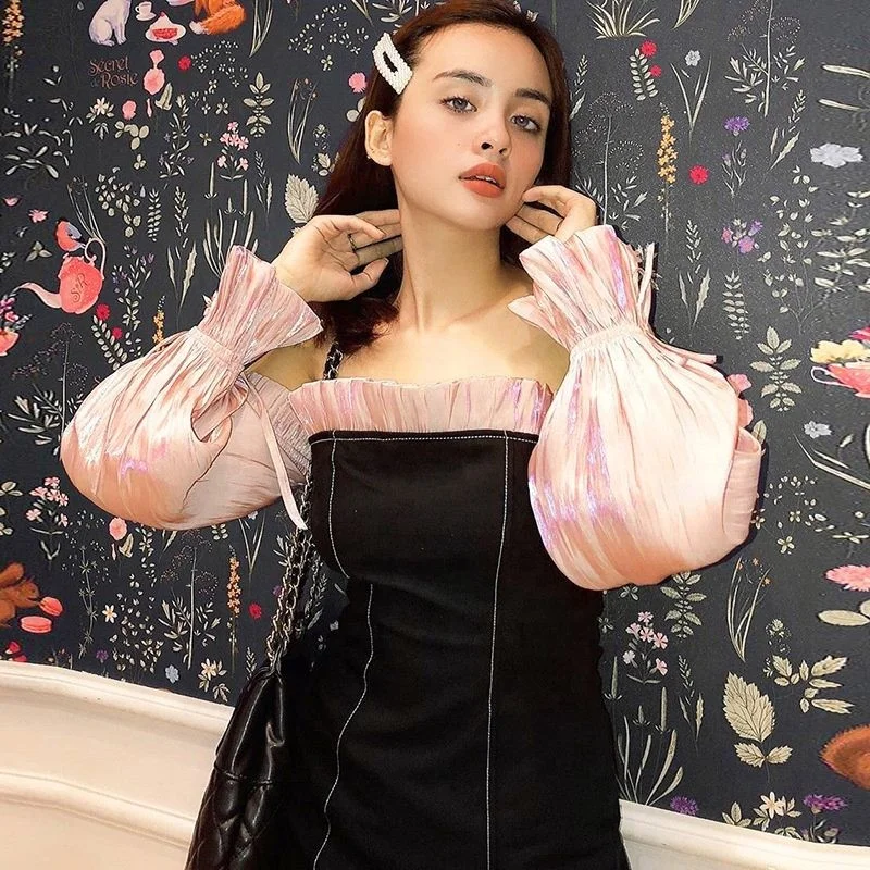 

Ladies Fashion Pleated Lace Long Sleeve Dress Slim Women Casual Long Skirt ., Shown