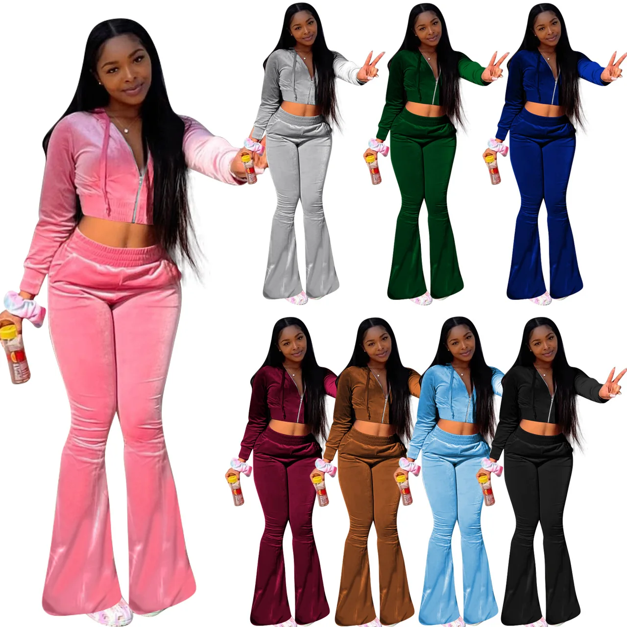 

wholesale hot autumn and winter sexy plus velvet long sleeve wide leg pants two-piece suit