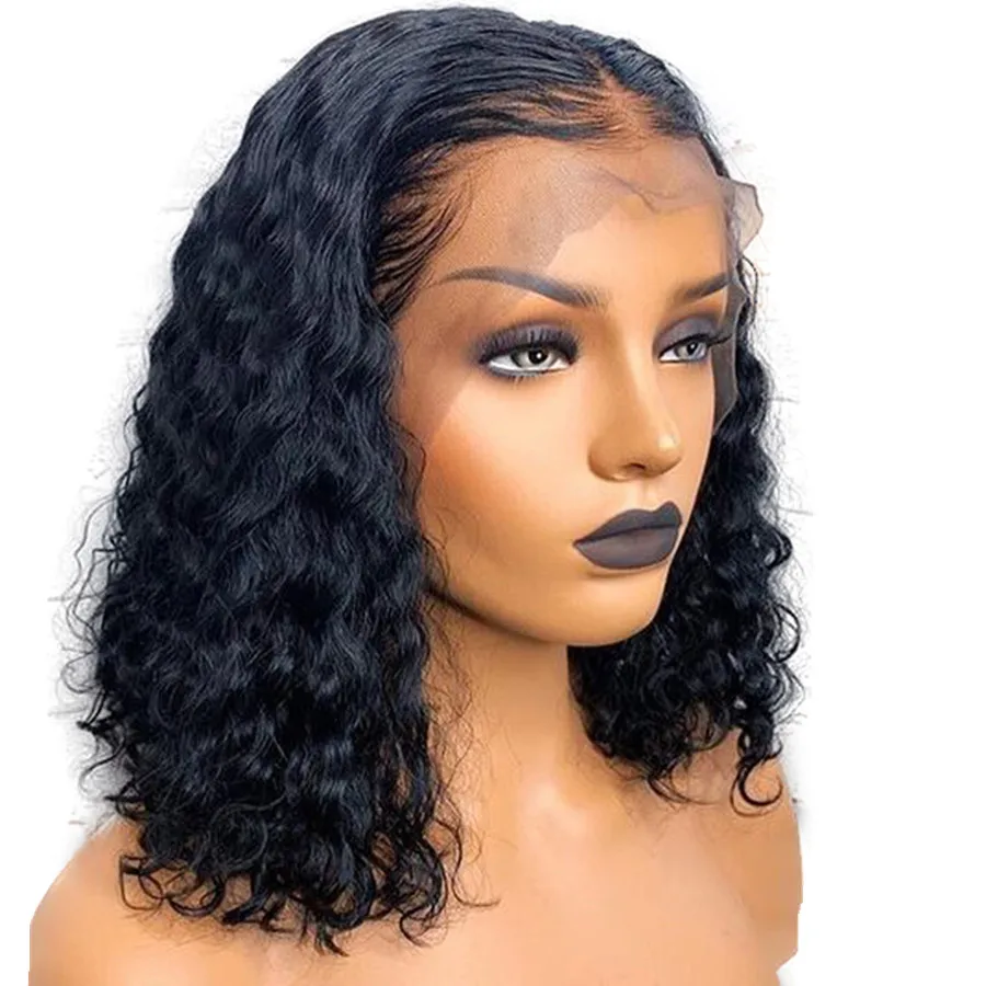 

Wholesale 150% density wet wave curly bob brazilian hd lace transparent lace wig deep wave lace frontal closure wig