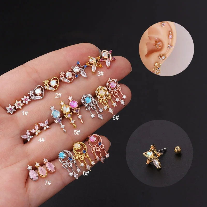 

Vintage Cute Ear Bone Stud Inlaid Colorful Zircon Screw Ball Fine Needle Stainless Steel Brass Earrings Piercing Jewelry