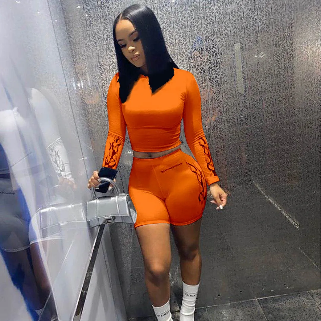 

HXZC09005 2021 summer women clothing 4colors crop top Tshirt with shorts two piece outfit 2 piece short set