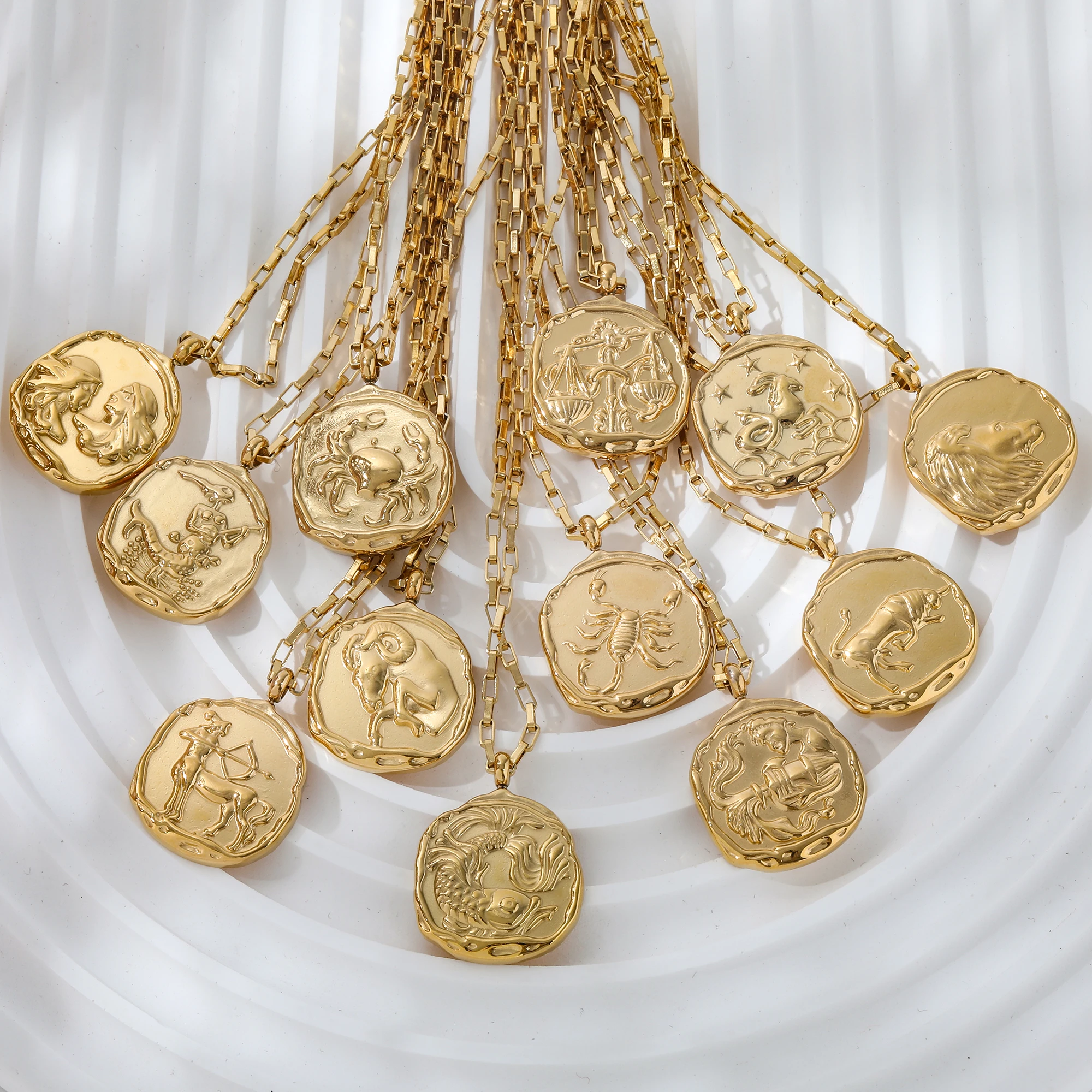 JOOLIM High End 18k PVD Gold Plated Stainless Steel  Cast Round Coin Sign Zodiac  Horoscope Necklace