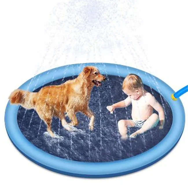 

Sprinkler splash pad summer outdoor water play mat PVC inflatable swimming pool for children and pets dog swimming, Blue, dolphin