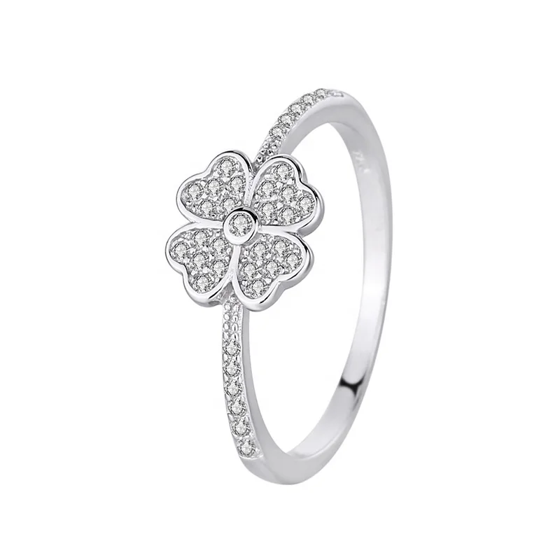 

925 Sterling Silver Lucky Charm Four Leaf Clover Cubic Zirconia rings Endless Friendship Floral for Daughter Bestie